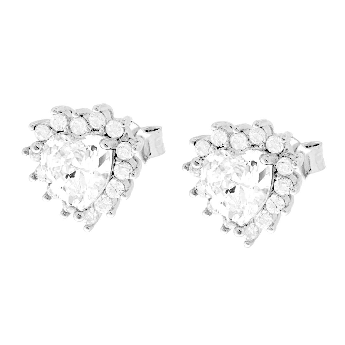Orecchini Cuore Zircone Bianco contornato da Zirconi Bianchi in ARGENTO 925 Galvanica Rodio