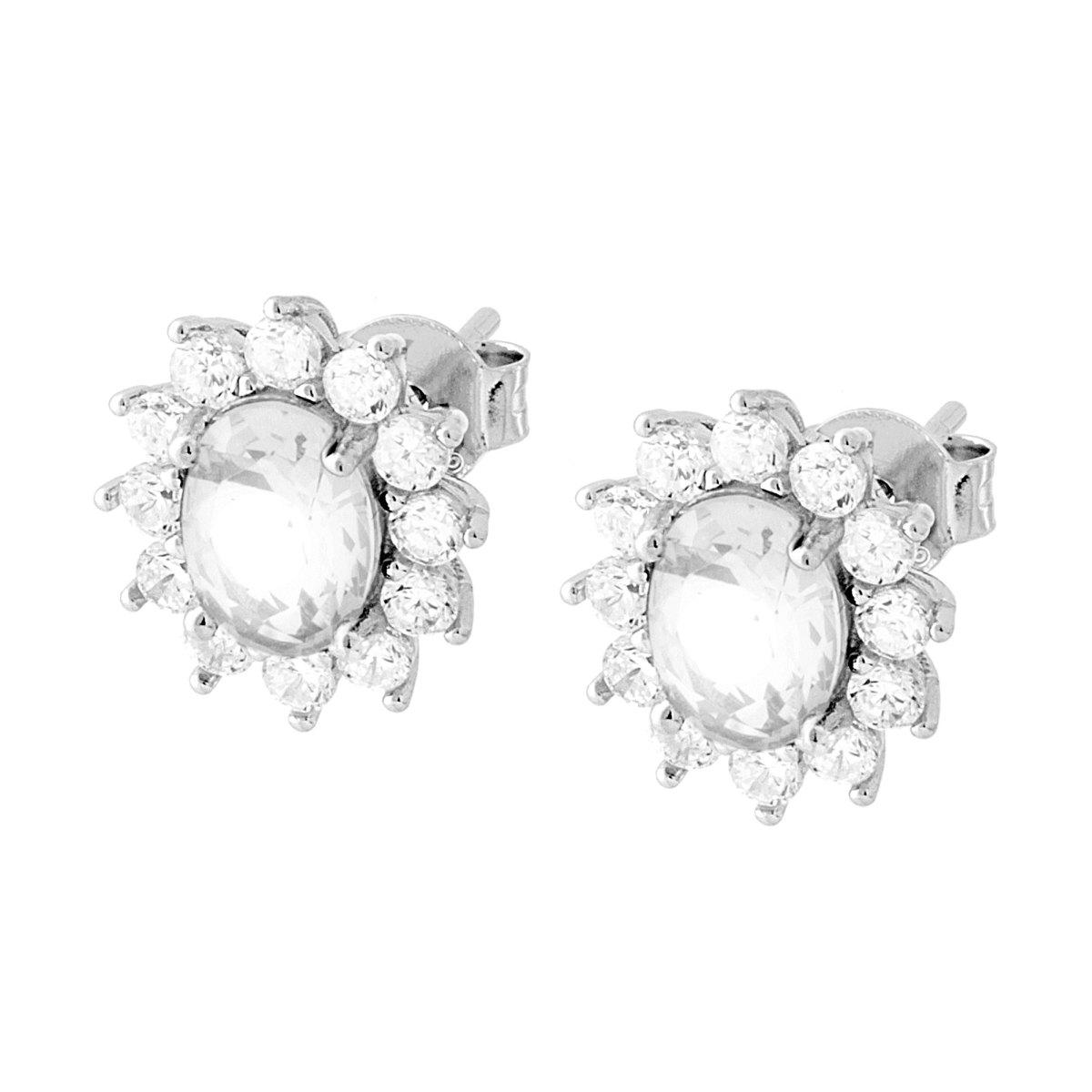 Orecchini Ovale Zircone Bianco contornato da Zirconi Bianchi in ARGENTO 925 Galvanica Rodio