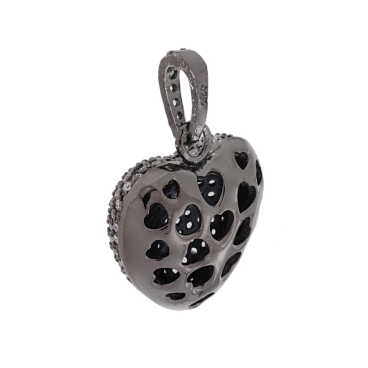Ciondolo Cuore Bombato con pave di Zirconi Bianchi e Cuori Traforati in ARGENTO 925 Galvanica Rutenio