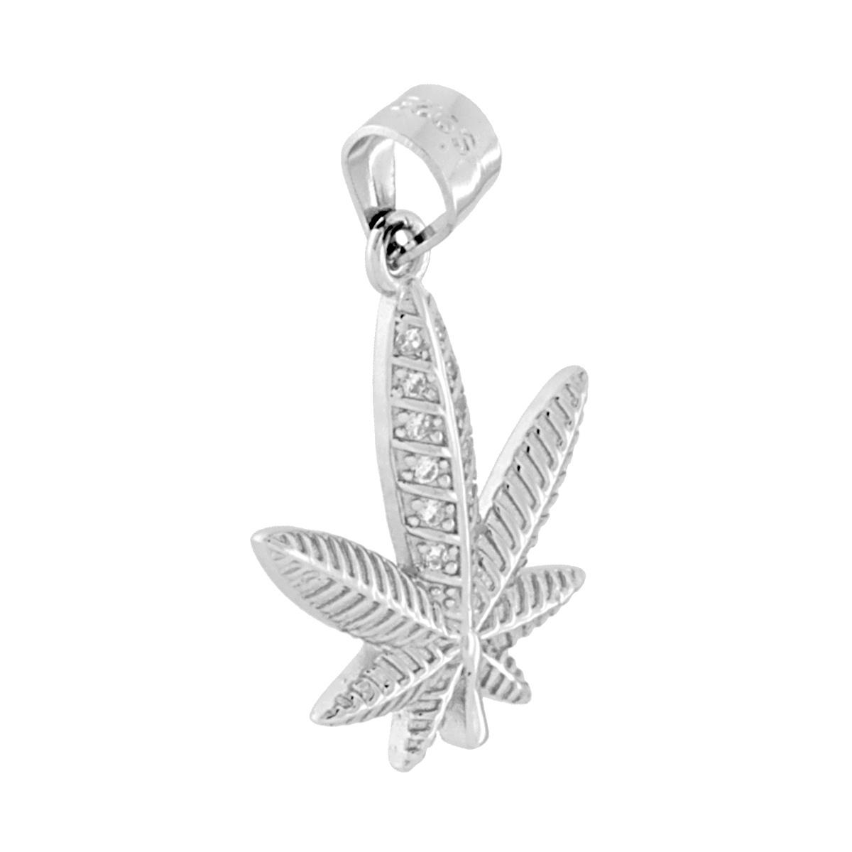 Ciondolo Foglia Marijuana con Zirconi Bianchi in ARGENTO 925 Galvanica Rodio