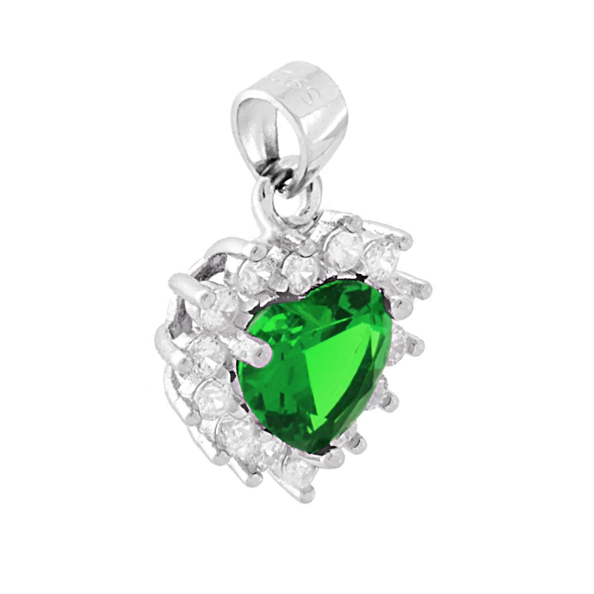 Ciondolo Cuore con Zircone Verde Smeraldo contornato da Zirconi Bianchi in ARGENTO 925 Galvanica Rodio