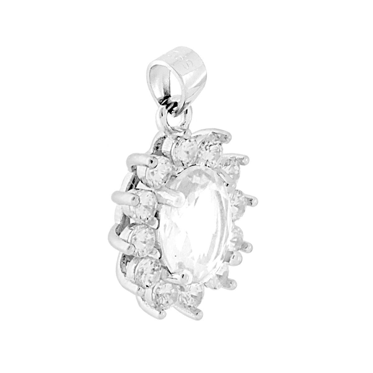 Ciondolo Ovale con Zircone Bianco contornato da Zirconi Bianchi in ARGENTO 925 Galvanica Rodio