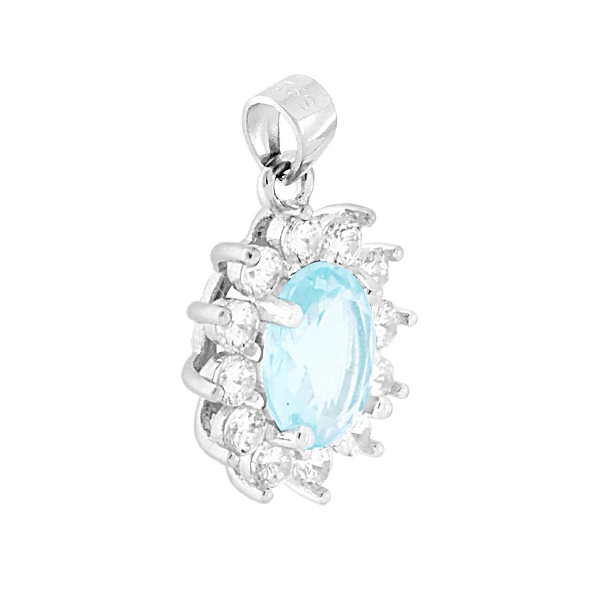 Ciondolo Ovale con Zircone Acquamarina contornato da Zirconi Bianchi in ARGENTO 925 Galvanica Rodio