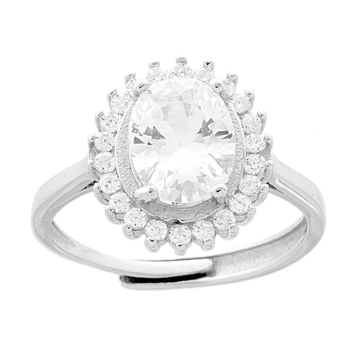 Anello Halo Solitario con Zircone Ovale Bianco contornato da Zirconi Bianchi in ARGENTO 925 Galvanica Rodio