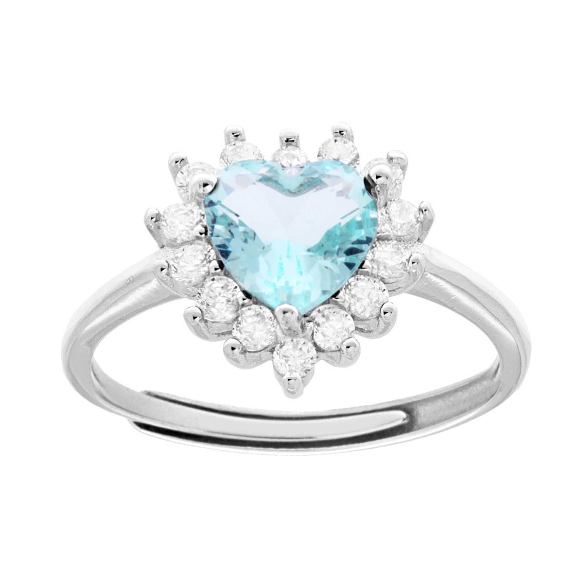 Anello Solitario Cuore Cubic Zirconi Acquamarina contornato da Cubic Zirconia Bianchi in ARGENTO 925 Galvanica Rodio