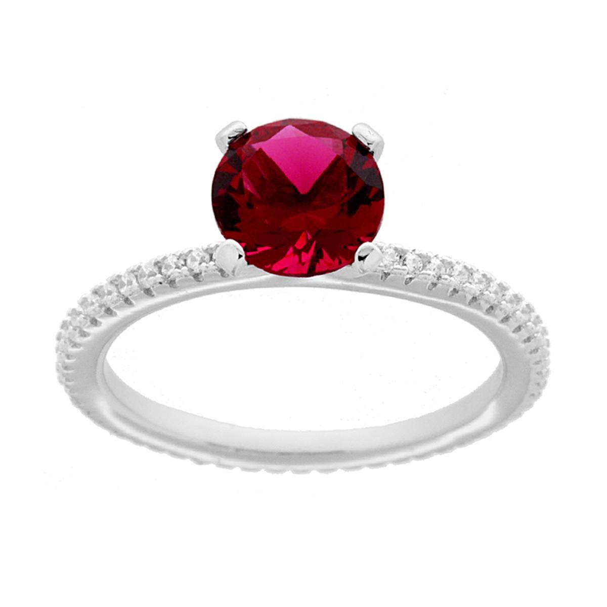 Anello Solitario con Cubic Zirconia Rosso Rubino e Zirconi Bianchi in ARGENTO 925 Galvanica Rodio