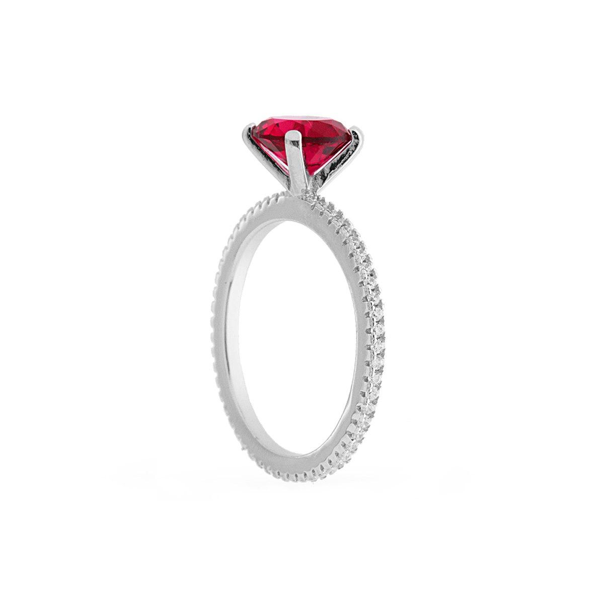 Anello Solitario con Cubic Zirconia Rosso Rubino e Zirconi Bianchi in ARGENTO 925 Galvanica Rodio