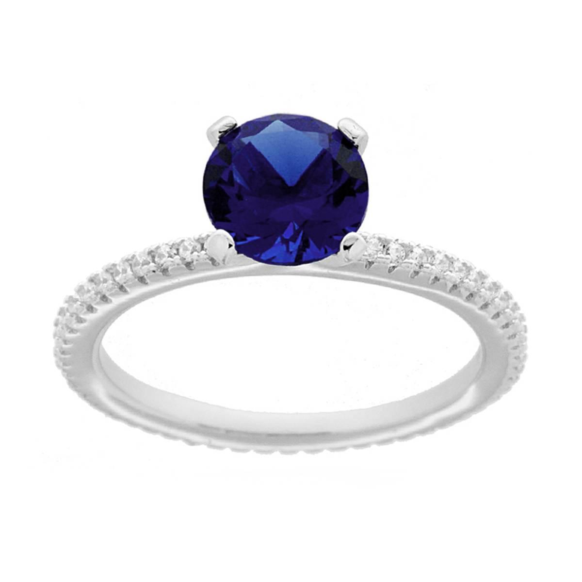 Anello Solitario con Cubic Zirconia Blu Zaffiro e Zirconi Bianchi in ARGENTO 925 Galvanica Rodio