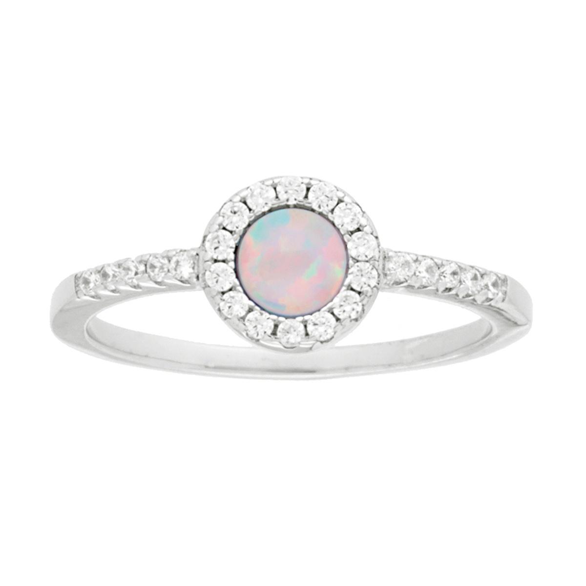 Anello Solitario Tondo Opale Bianco contornato da Zirconi Bianchi in ARGENTO 925 Galvanica Rodio