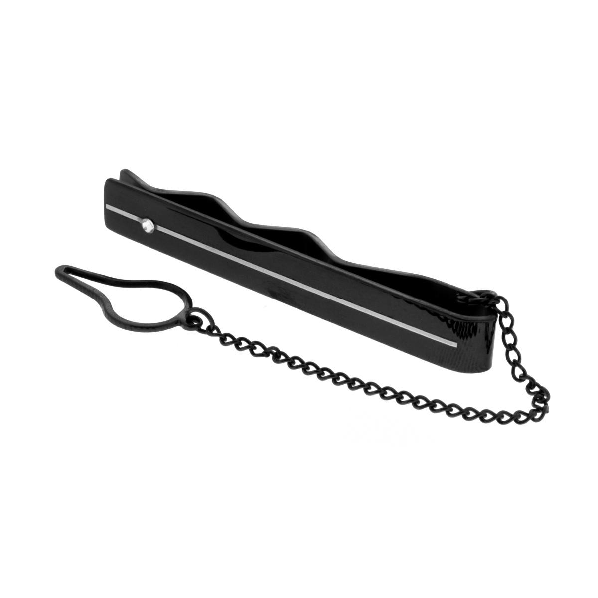 Fermacravatta Plain Nero con Incisione e Zircone Bianco in ACCIAIO