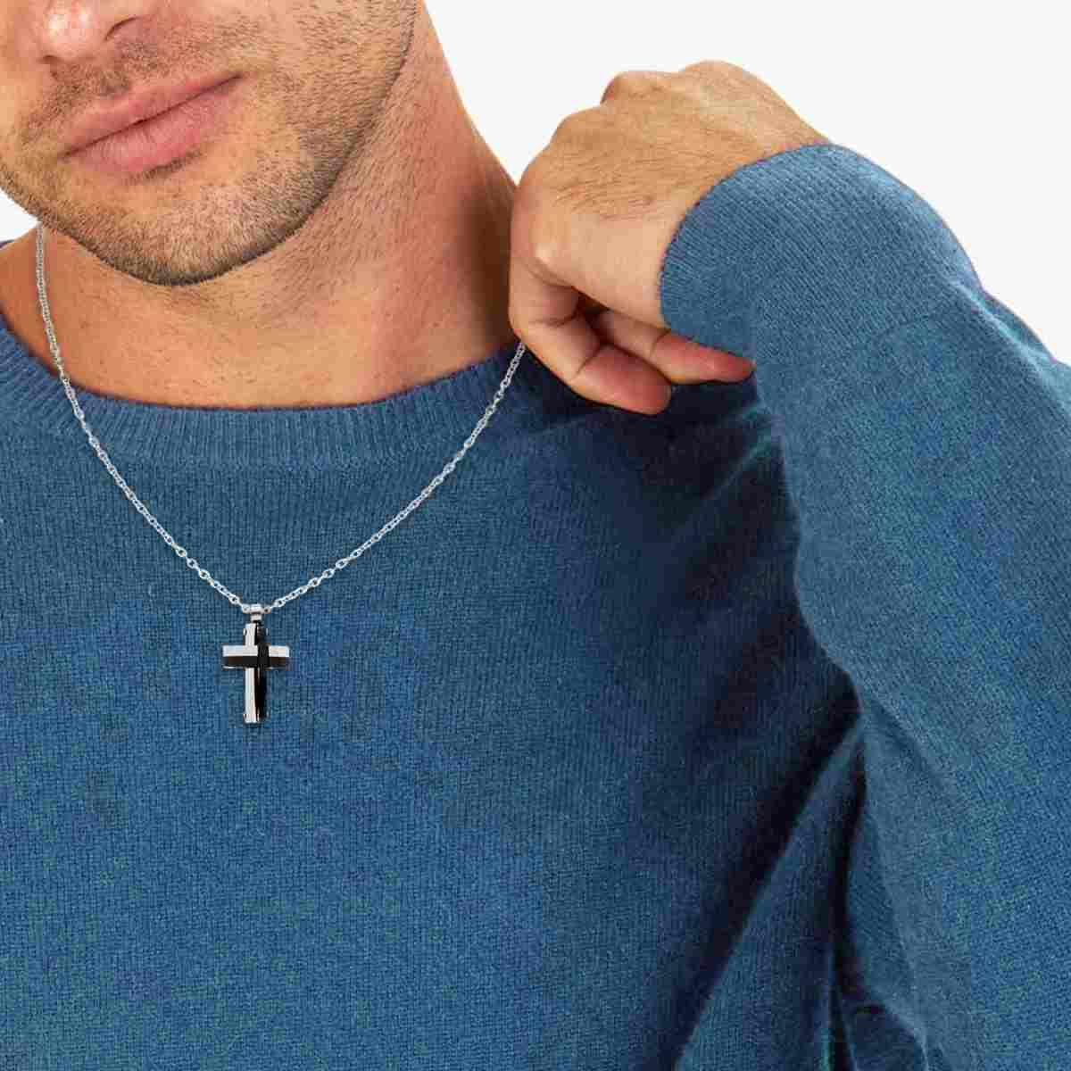 Collana Catena Forzatina con Croce Laccata colore Nero in ACCIAIO
