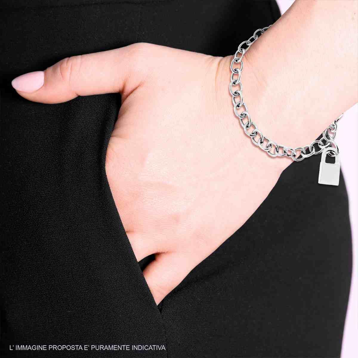 Bracciale Catena Forzatina cm 19 con Lucchetto pendente in ARGENTO 925 Galvanica Rodio