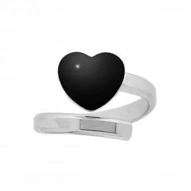 Anello Aperto Cuore Smalto Nero in ARGENTO 925 Galvanica Rodio