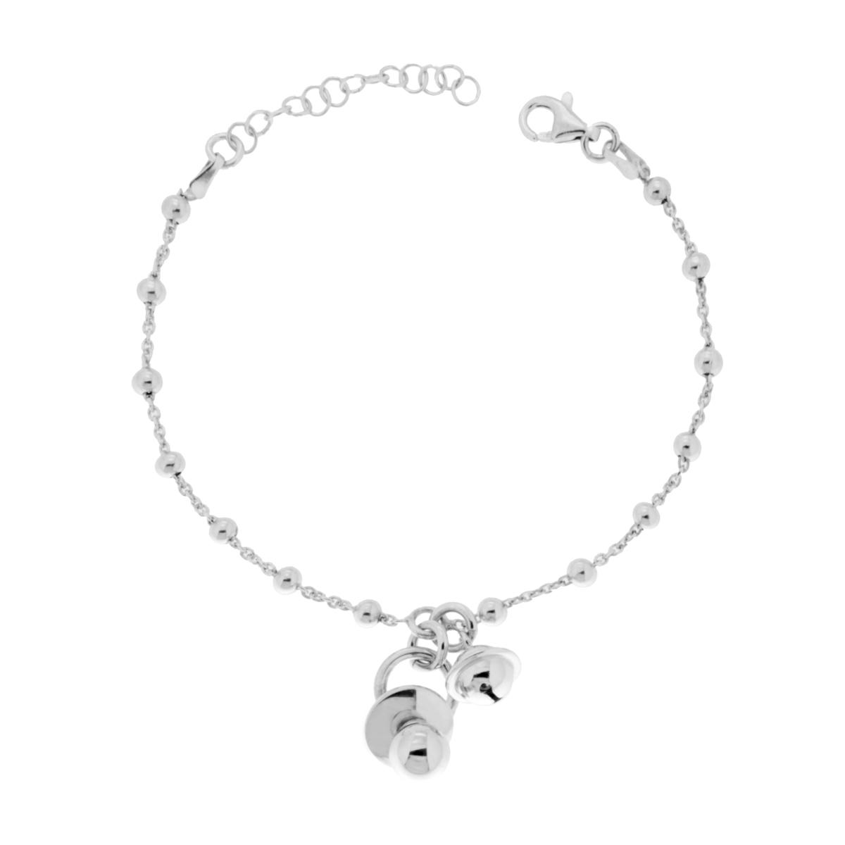 Bracciale Catena Forzatina Diamantata con palline lisce mm 3 e con Campanella e Ciuccio pendenti in ARGENTO 925 Galvanica Rodio