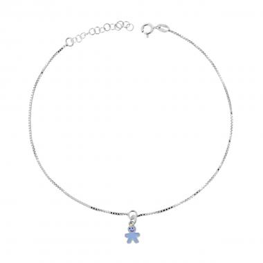 Cavigliera Catena Veneziana Diamantata cm 24+3 con Bimbo smalto Azzurro in ARGENTO 925 Galvanica Rodio