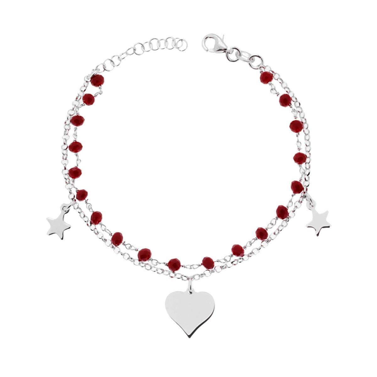 Bracciale due fili Catena Crystal Rosso e Catena Rolo Diamantata con Cuore e Stelle plain pendenti in ARGENTO 925 Galvanica Rodio