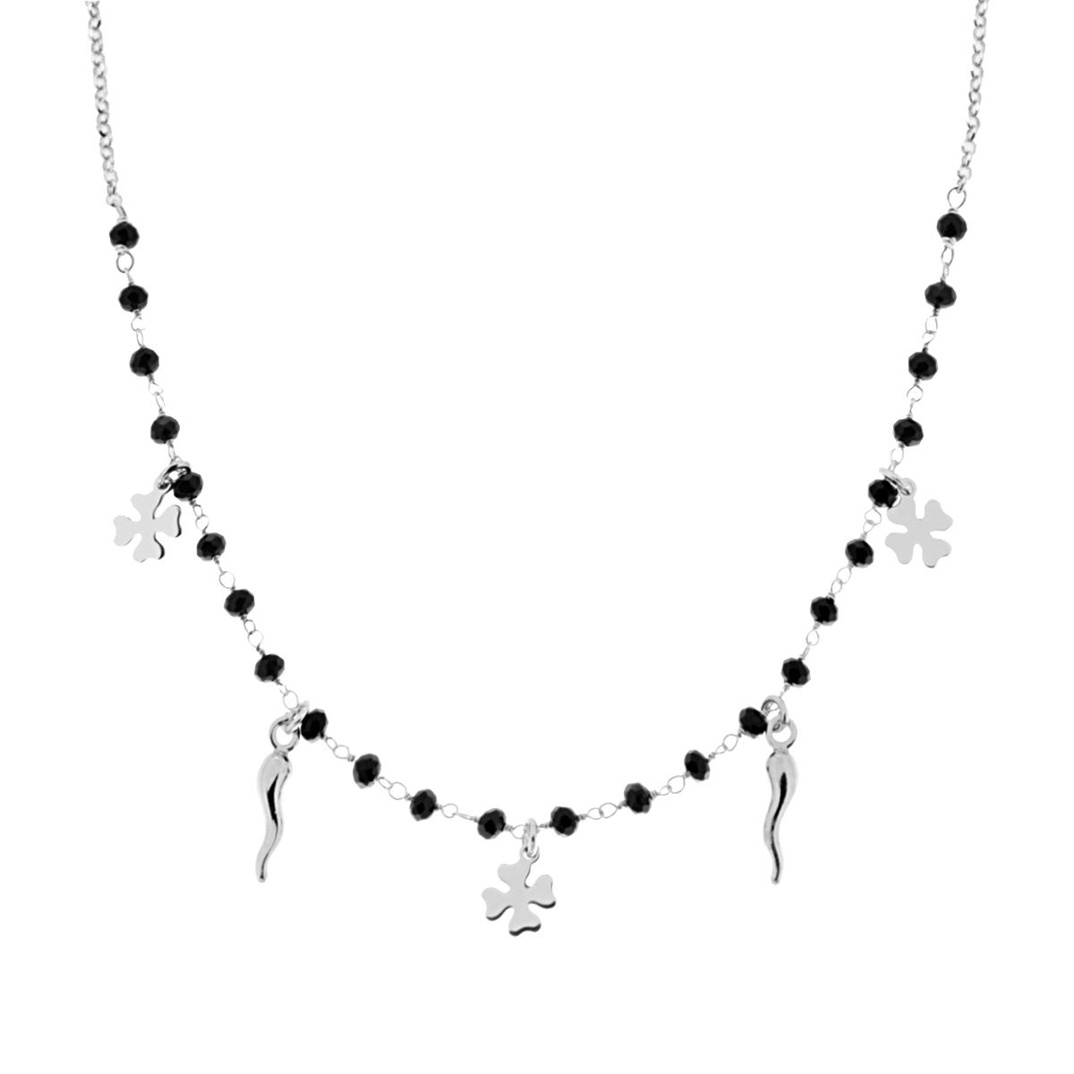 Collana Catena Rolo con Crystal Nero Corni Portafortuna e Quadrifogli plain in ARGENTO 925 Galvanica Rodio