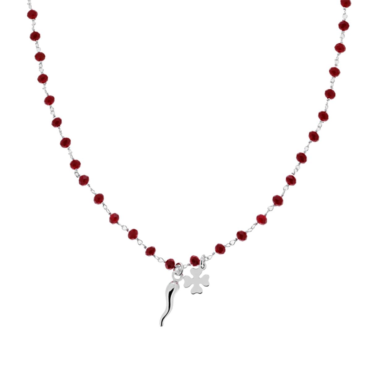 Collana con Catena Crystal Rosso con Corno e Quadrifoglio Portafortuna plain pendenti in ARGENTO 925 Galvanica Rodio