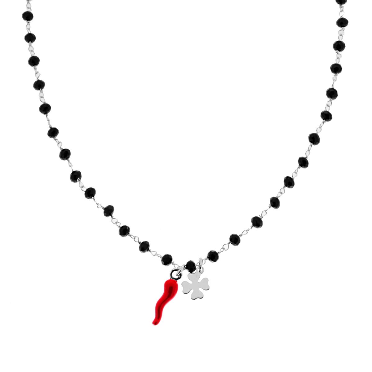 Collana Catena Crystal Nero con Corno smalto Rosso e Quadrifoglio Portafortuna plain pendenti in ARGENTO 925 Galvanica Rodio