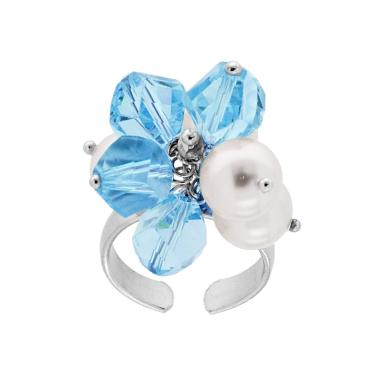 Anello con Crystal Azzurro e Perle mm 8 pendenti in ARGENTO 925 Galvanica Rodio