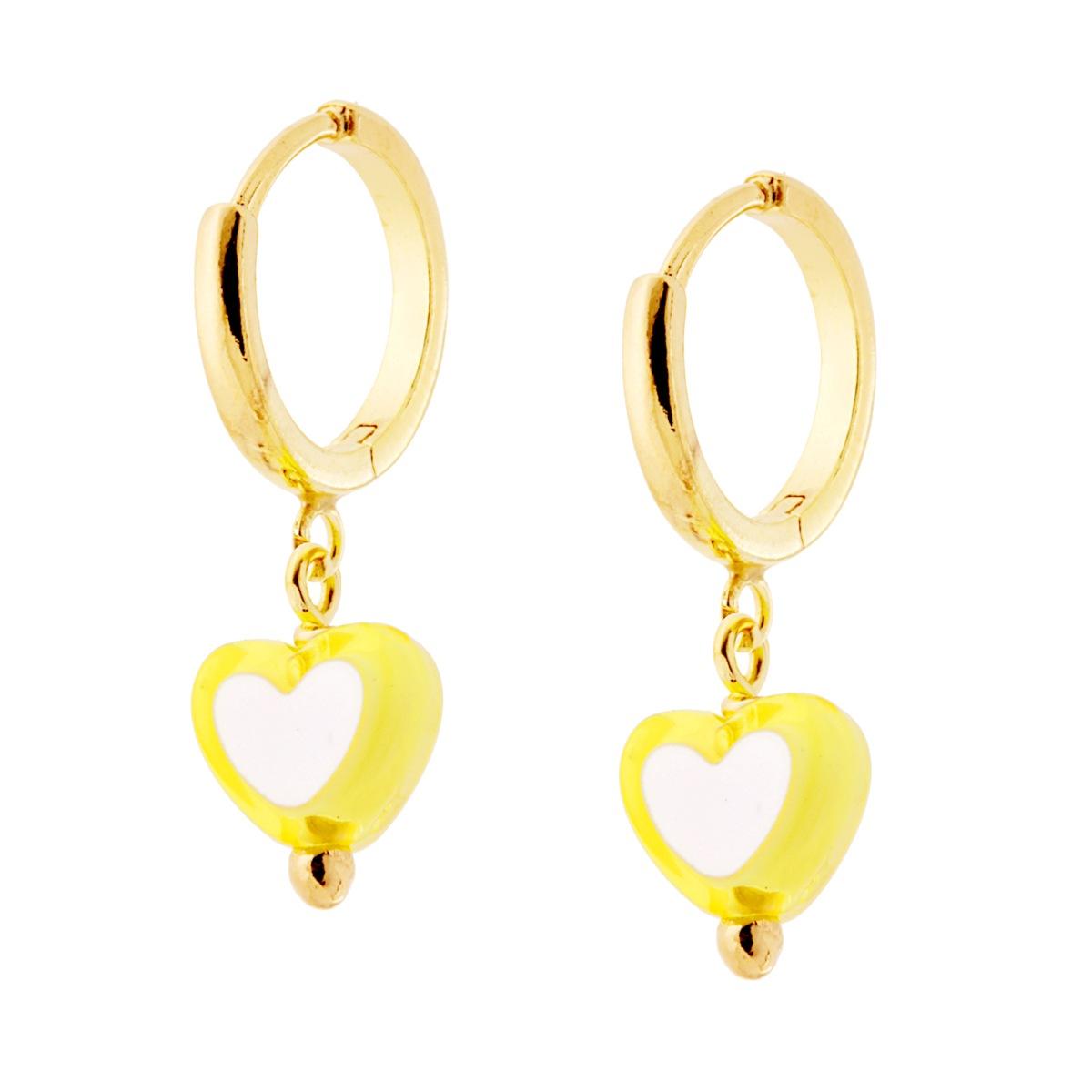 Orecchini Cerchio mm 14 con Cuore pendente colore Giallo e Bianco in ARGENTO 925 Galvanica Oro