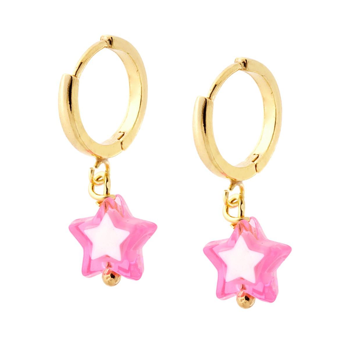 Orecchini Cerchio mm 14 con Stella pendente colore Rosa e Bianco in ARGENTO 925 Galvanica Oro