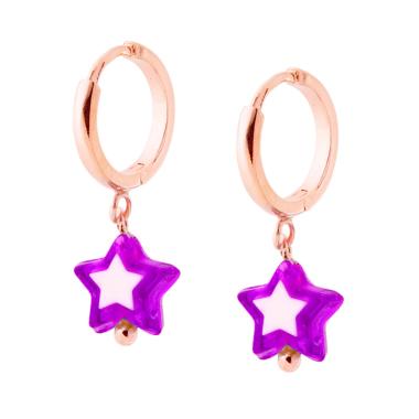 Orecchini Cerchio mm 14 con Stella pendente colore Viola e Bianco in ARGENTO 925 Galvanica Rosa