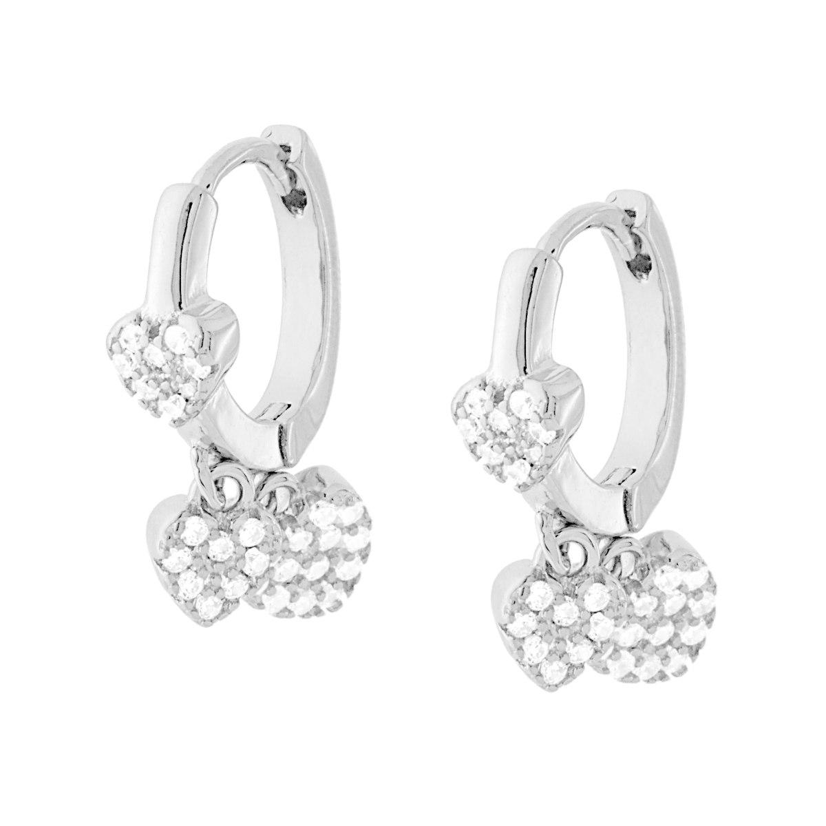 Orecchini Cerchio mm 13 con Cuori pendenti e Zirconi Bianchi in ARGENTO 925 Galvanica Rodio