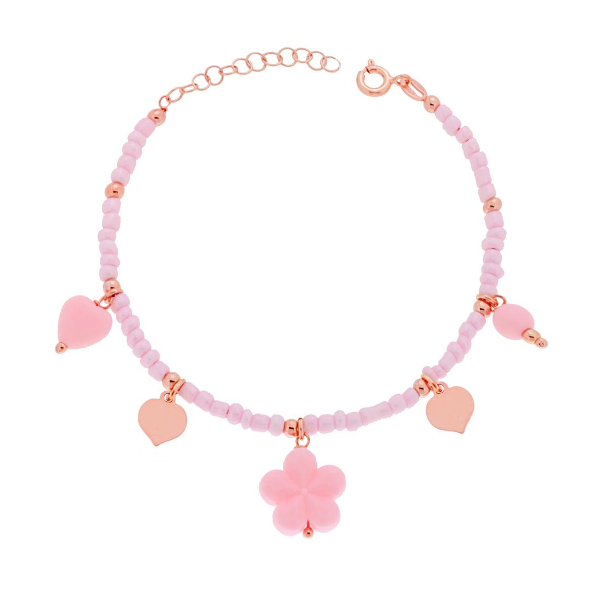 Bracciale Perline Rosa con Fiore Cuori PVC Rosa e Cuori plain pendenti in ARGENTO 925 Galvanica Rosa