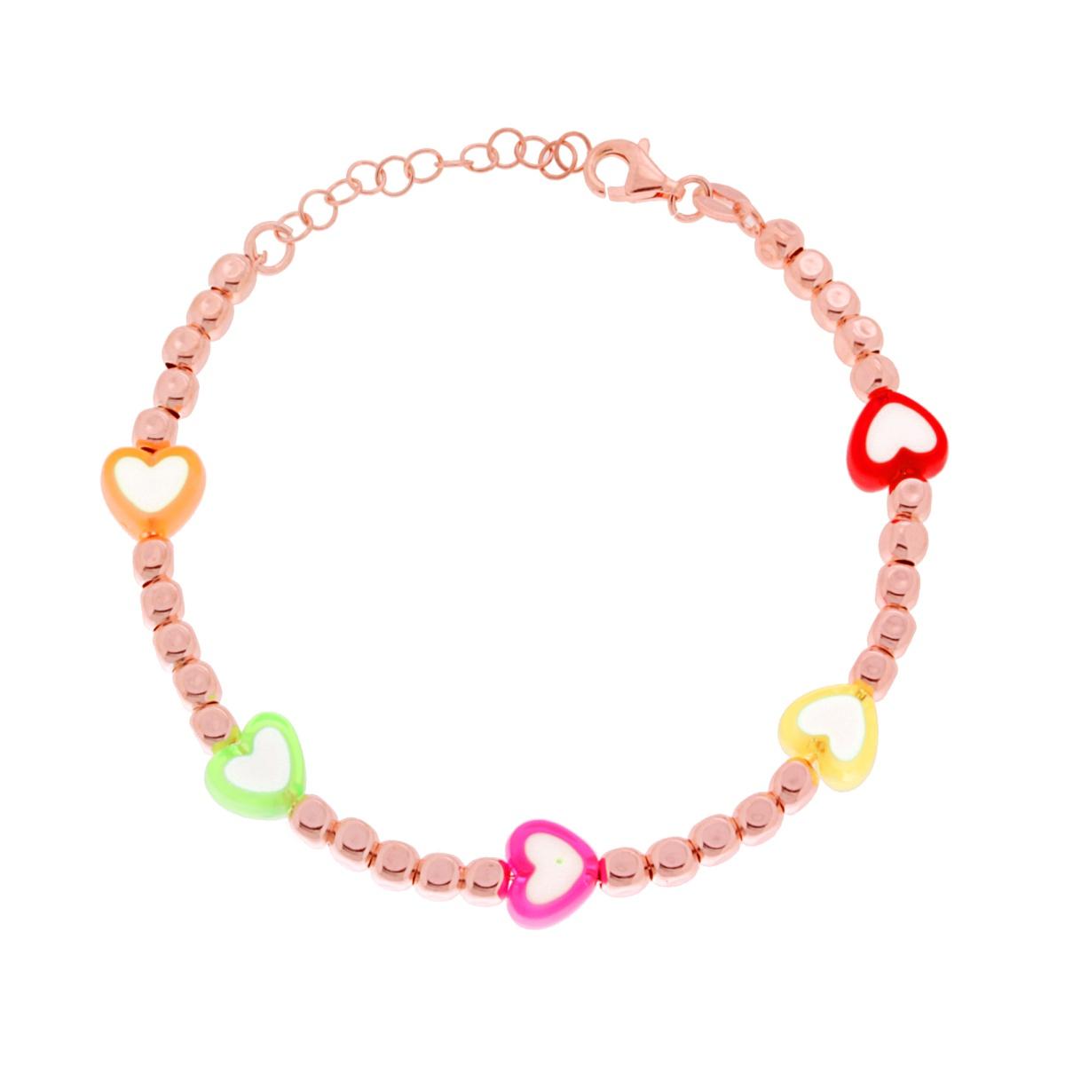 Bracciale con Cubetti Martellati con Cuori pvc Multicolor in ARGENTO 925 Galvanica Rosa