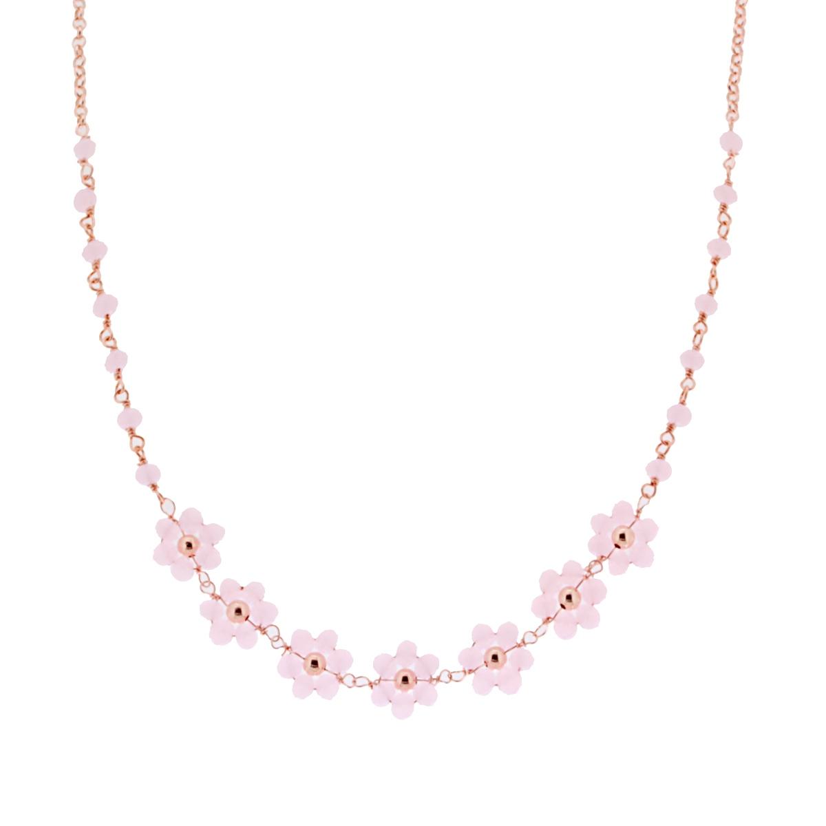 Collana Catena Rolo Diamantata con Fiori Crystal Rosa in ARGENTO 925 Galvanica Rosa