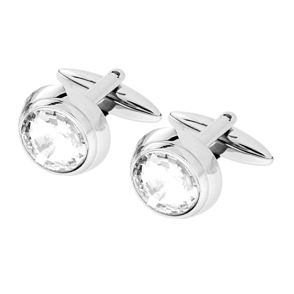 Accessori Gemelli Uomo forma Tonda mm 15 con applicazione Crystal Bianco in ACCIAIO