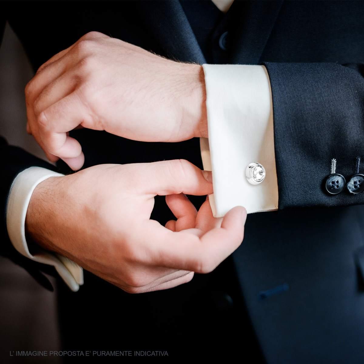 Accessori Gemelli Uomo forma Tonda mm 15 con applicazione Crystal Bianco in ACCIAIO