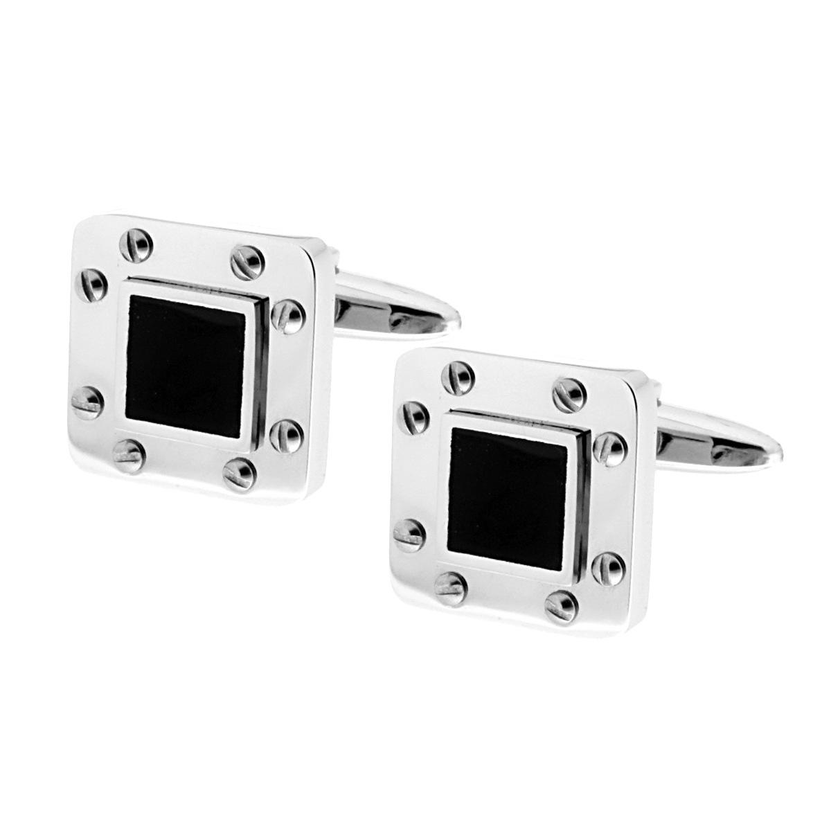 Accessori Gemelli Uomo forma Quadrata mm 16 con applicazioni Viti e Smalto Nero in ACCIAIO