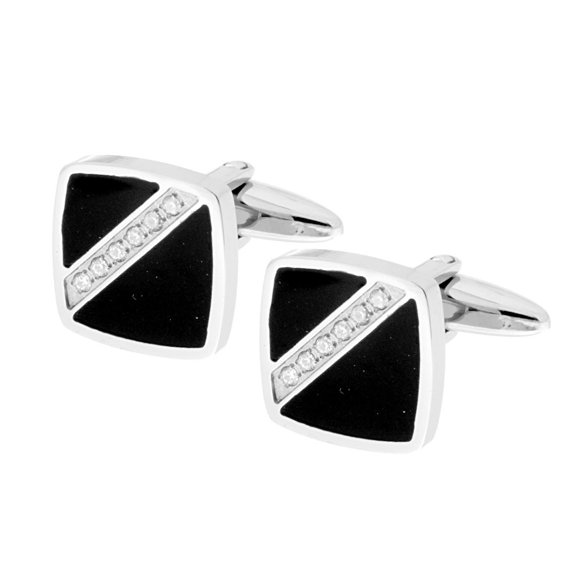 Accessori Gemelli Uomo forma Quadrata mm 15 con Smalto Nero e Crystal Bianchi in ACCIAIO
