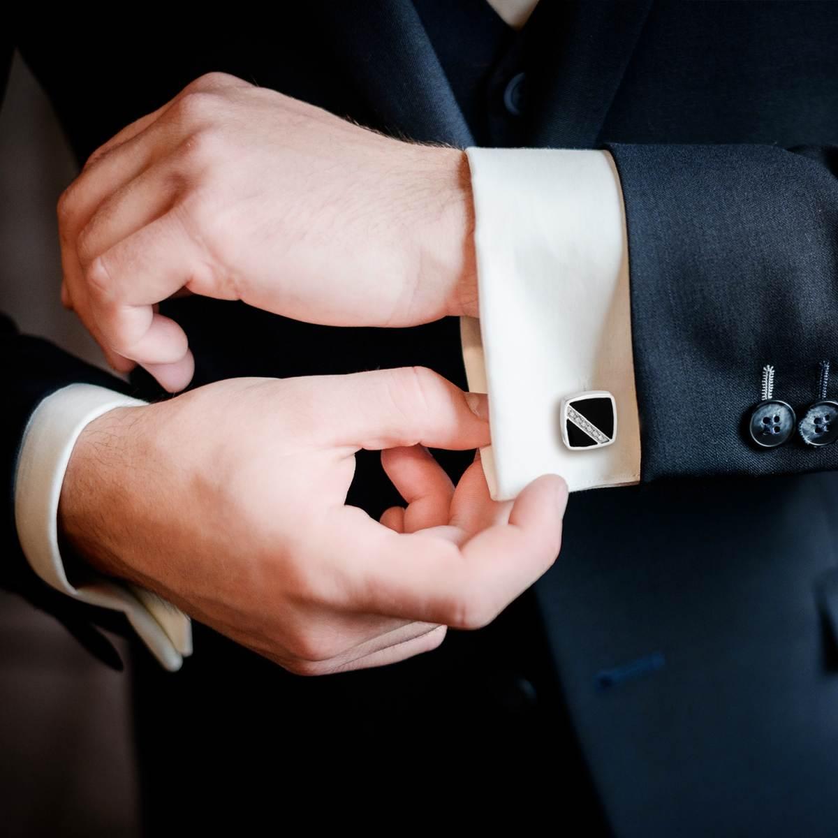 Accessori Gemelli Uomo forma Quadrata mm 15 con Smalto Nero e Crystal Bianchi in ACCIAIO