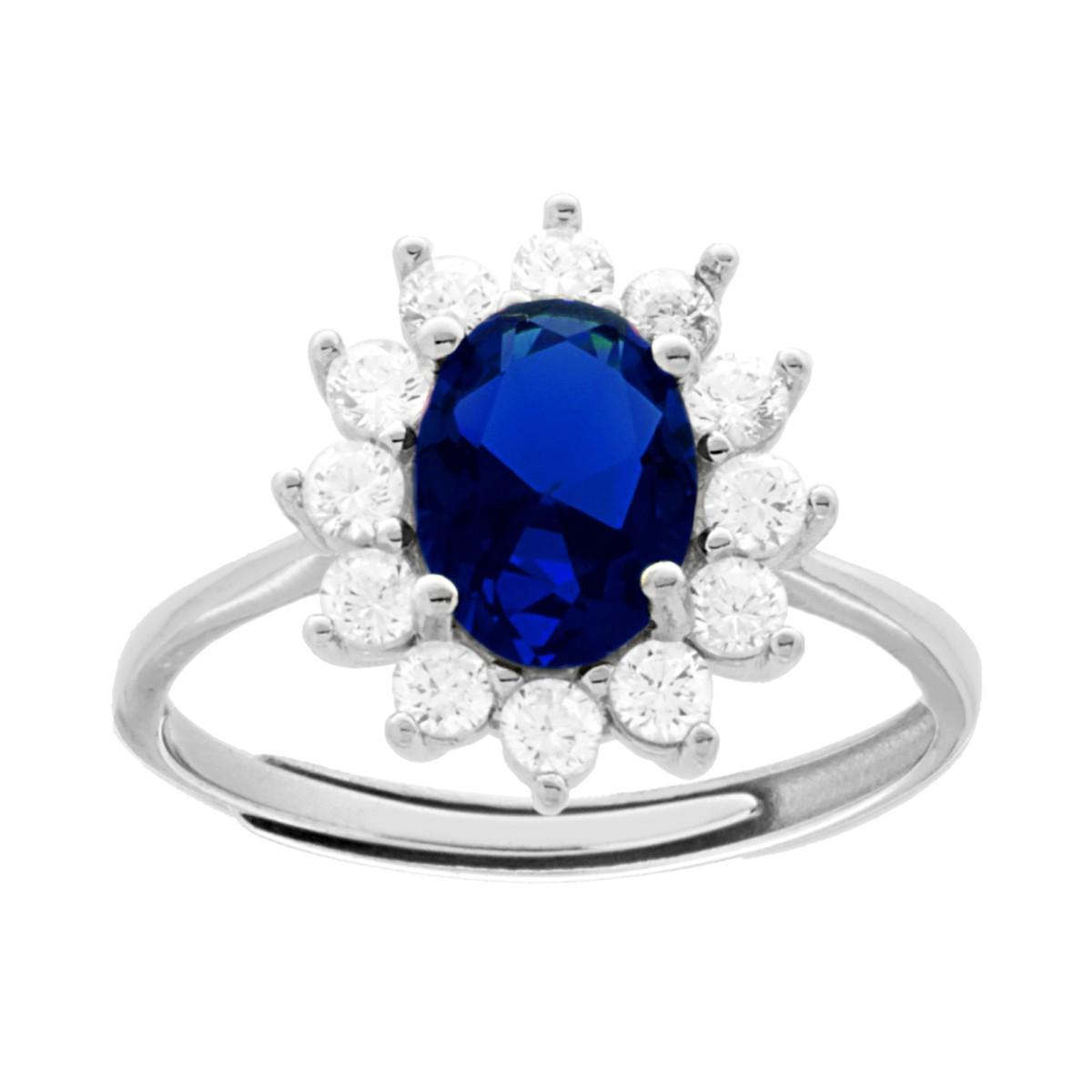Anello Solitario Halo con Zircone Ovale Blu Zaffiro contornato da Zirconi Bianchi in ARGENTO 925 Galvanica Rodio