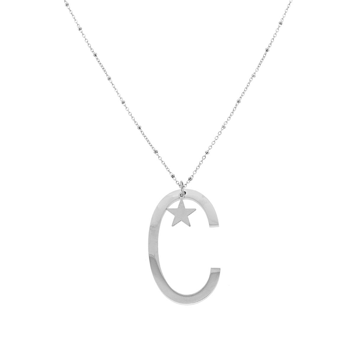 Collana Lunga Catena Forzatina con Palline cm 90 Stella plain e Lettera Iniziale in ACCIAIO