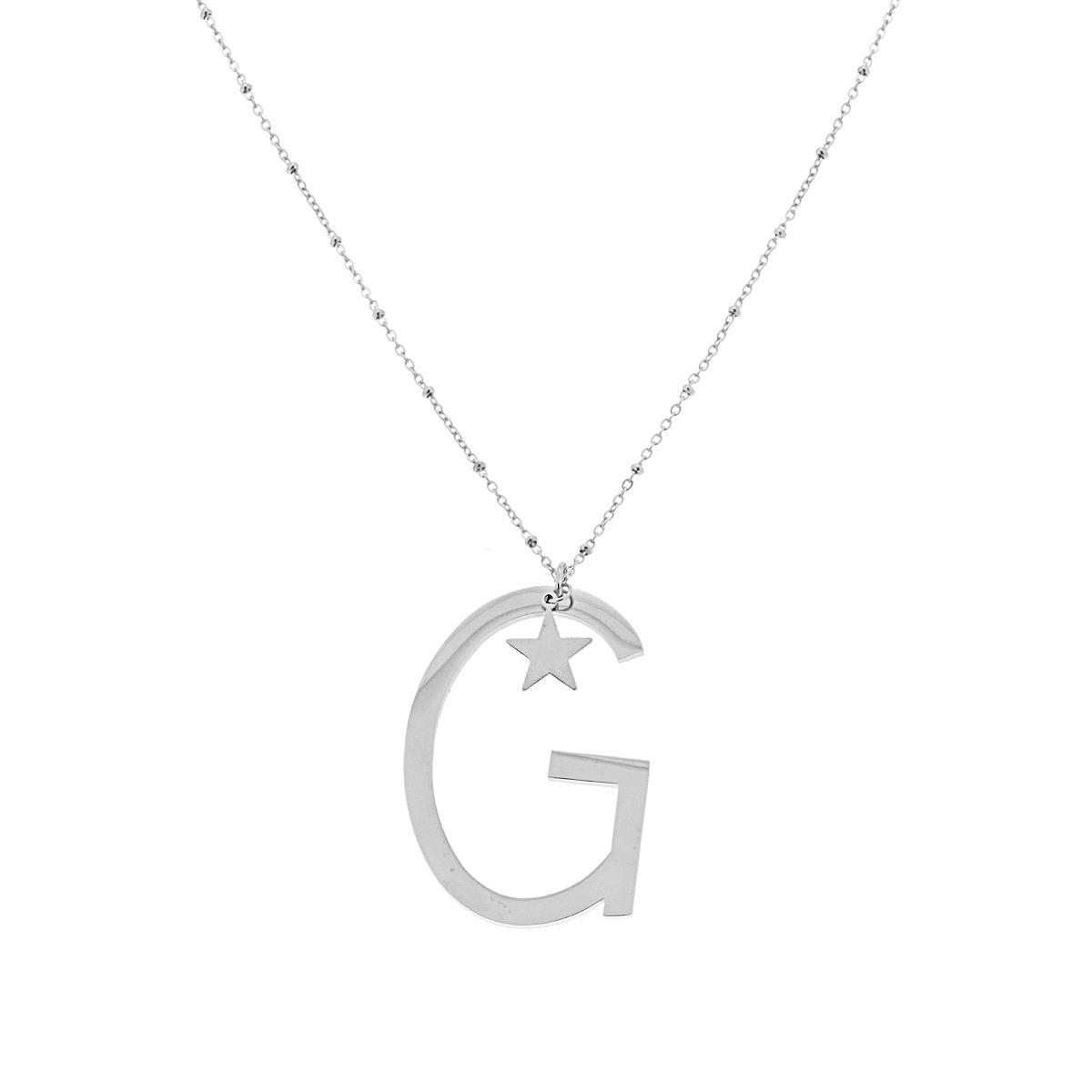 Collana Lunga Catena Forzatina con Palline cm 90 Stella plain e Lettera Iniziale in ACCIAIO