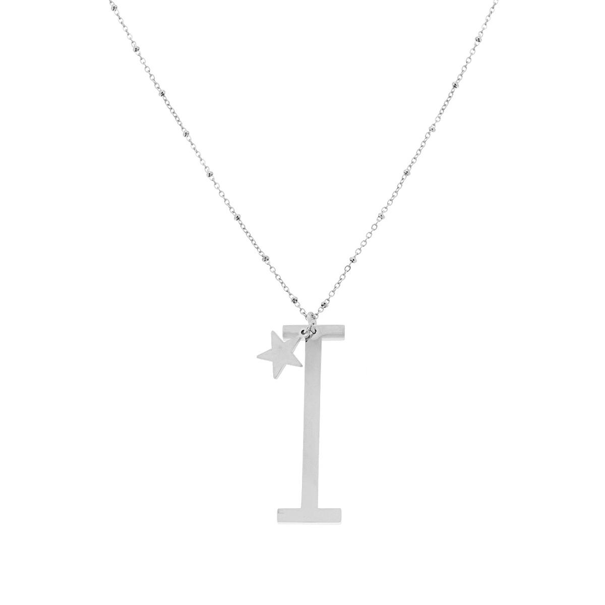 Collana Lunga Catena Forzatina con Palline cm 90 Stella plain e Lettera Iniziale in ACCIAIO