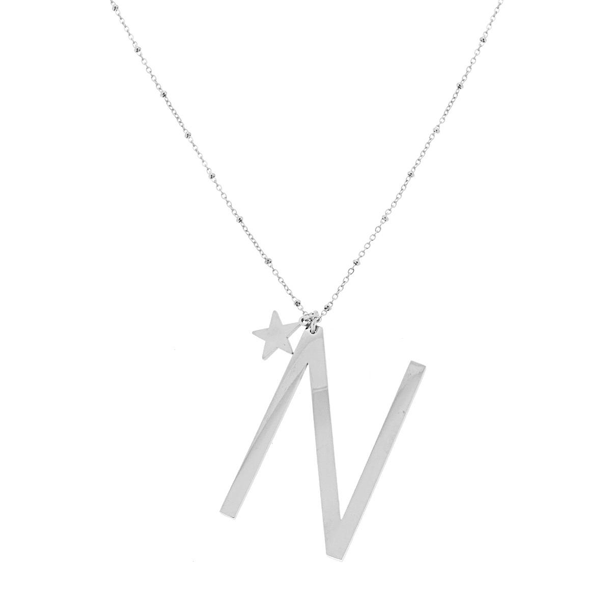 Collana Lunga Catena Forzatina con Palline cm 90 Stella plain e Lettera Iniziale in ACCIAIO