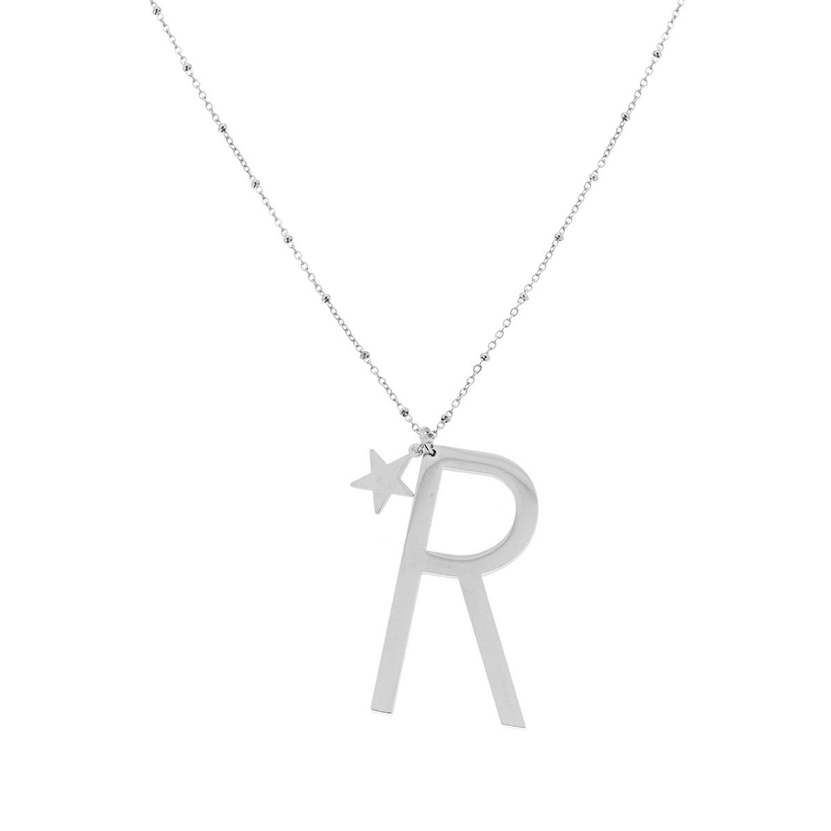 Collana Lunga Catena Forzatina con Palline cm 90 Stella plain e Lettera Iniziale in ACCIAIO