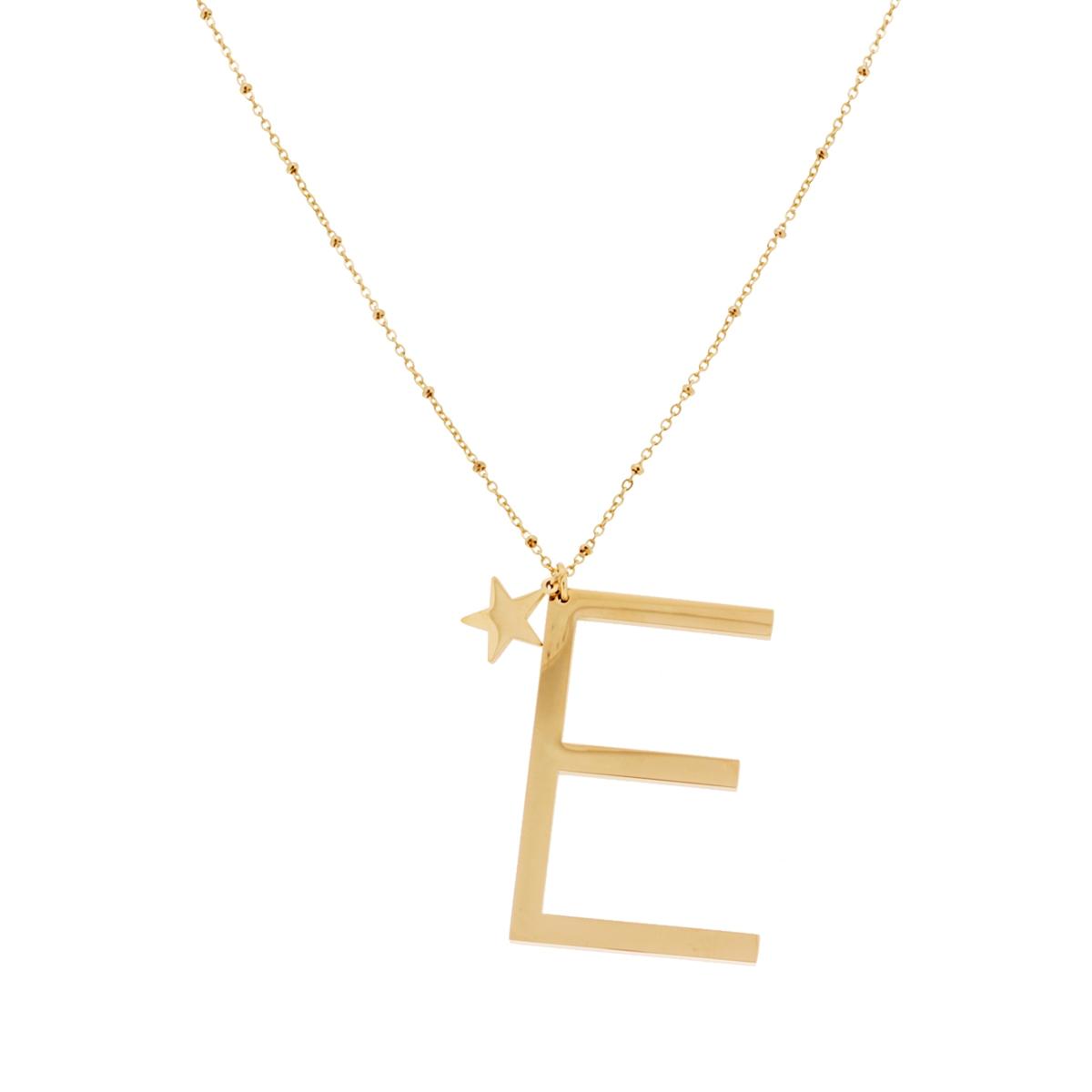 Collana Lunga Catena Forzatina con Palline cm 90 Stella plain e Lettera Iniziale Galvanica Oro in ACCIAIO