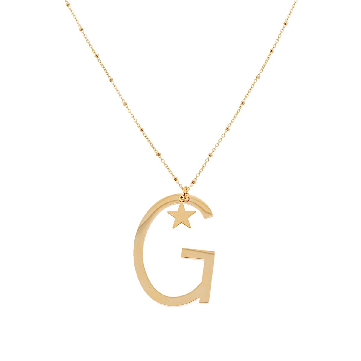 Collana Lunga Catena Forzatina con Palline cm 90 Stella plain e Lettera Iniziale Galvanica Oro in ACCIAIO