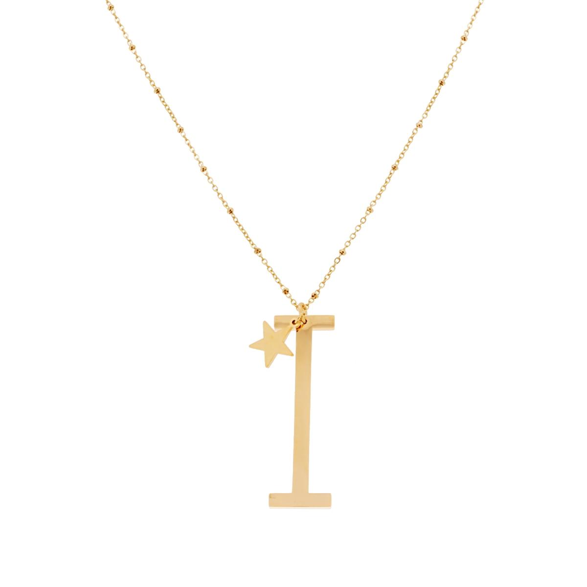 Collana Lunga Catena Forzatina con Palline cm 90 Stella plain e Lettera Iniziale Galvanica Oro in ACCIAIO