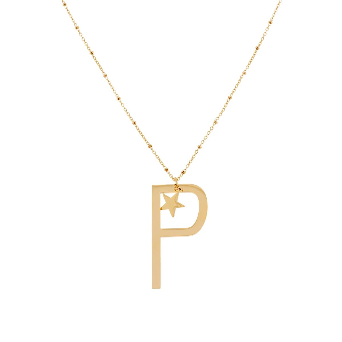 Collana Lunga Catena Forzatina con Palline cm 90 Stella plain e Lettera Iniziale Galvanica Oro in ACCIAIO