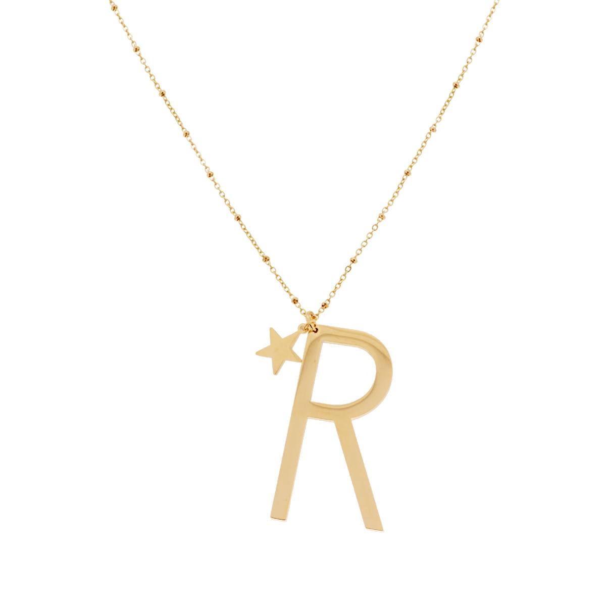 Collana Lunga Catena Forzatina con Palline cm 90 Stella plain e Lettera Iniziale Galvanica Oro in ACCIAIO
