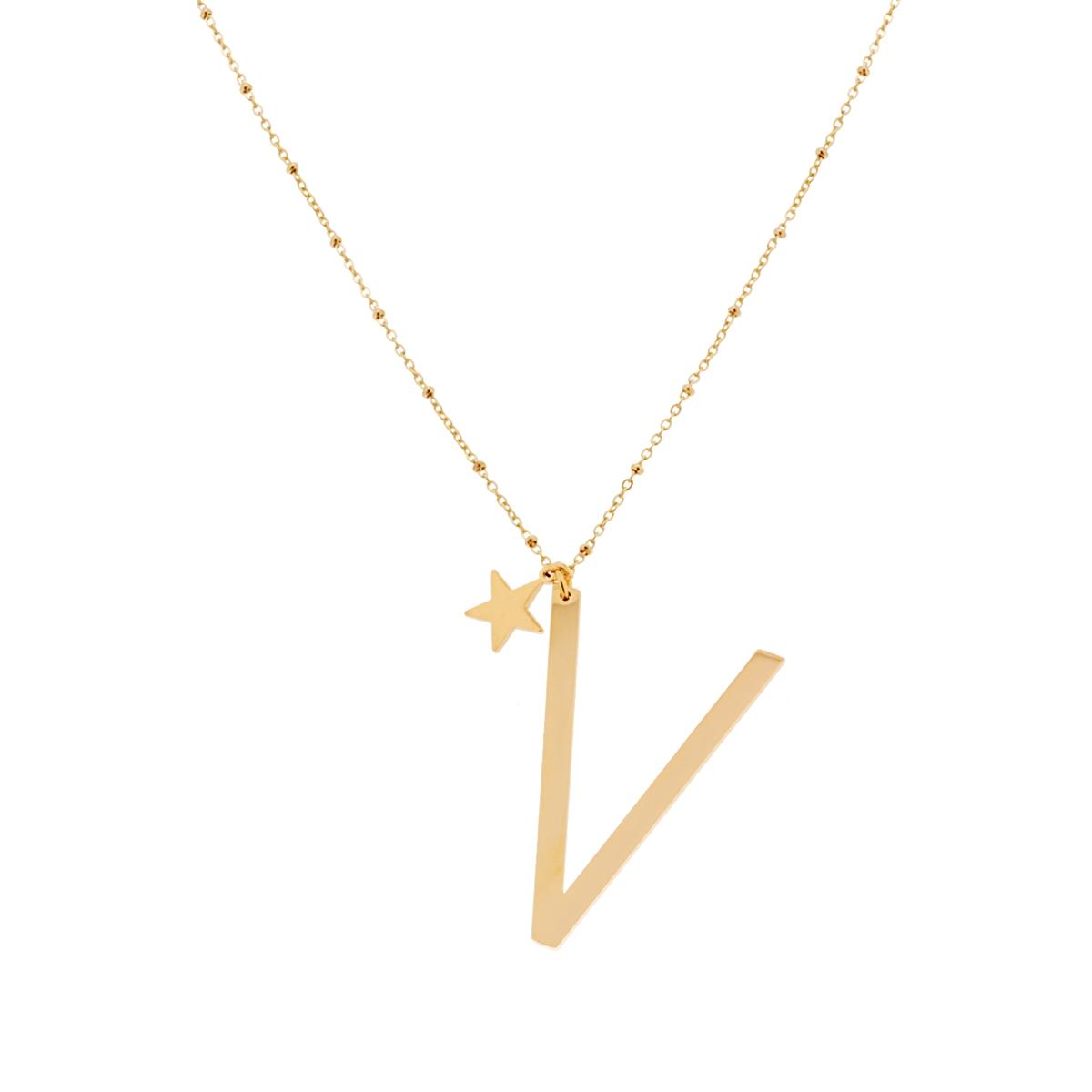 Collana Lunga Catena Forzatina con Palline cm 90 Stella plain e Lettera Iniziale Galvanica Oro in ACCIAIO