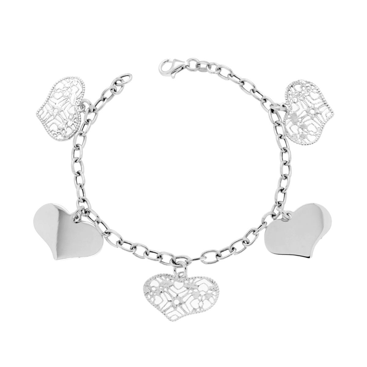Bracciale Catena Forzatina con Cuori alternati plain e effetto Filigrana Pendenti in ARGENTO 925 Galvanica Rodio