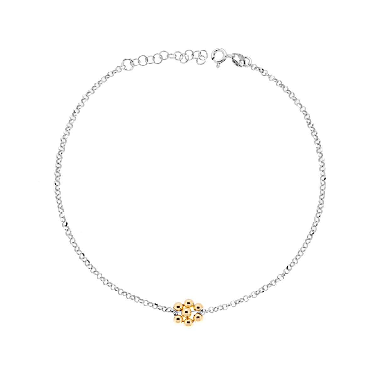 Cavigliera Catena Rolo Diamantata con Fiore di Palline Galvanica Oro in ARGENTO 925 Galvanica Rodio